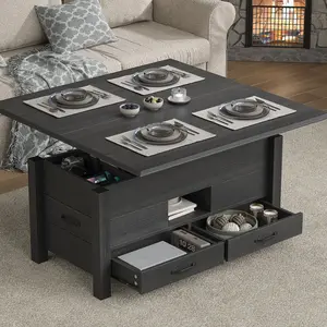FUSOU 39.4" Convertible Lift Top Coffee Table, Multi-Function Coffee Table with 4 Storage Drawers & Hidden Compartment, Wood Center Table for Living Room, Dining Room, Home Office, Black,Deals For You Days
