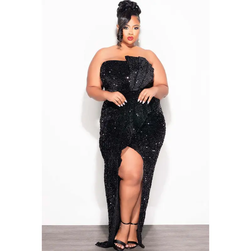 black and gold plus size dress V-Neck Floor-Length Sequin Velvet Prom Gown with High Slit Plus Size Dress Poly USA W1124