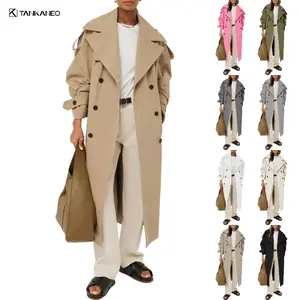 Tankaneo Women's Oversized Long Trench Coat Double Breasted Lapel Windproof Overcoat with Belt
