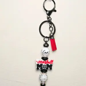 Sports Mom Focal Bead Keychain - Soccer Baseball Softball Volleyball Football Keychain with Colorful Tassels and Beads