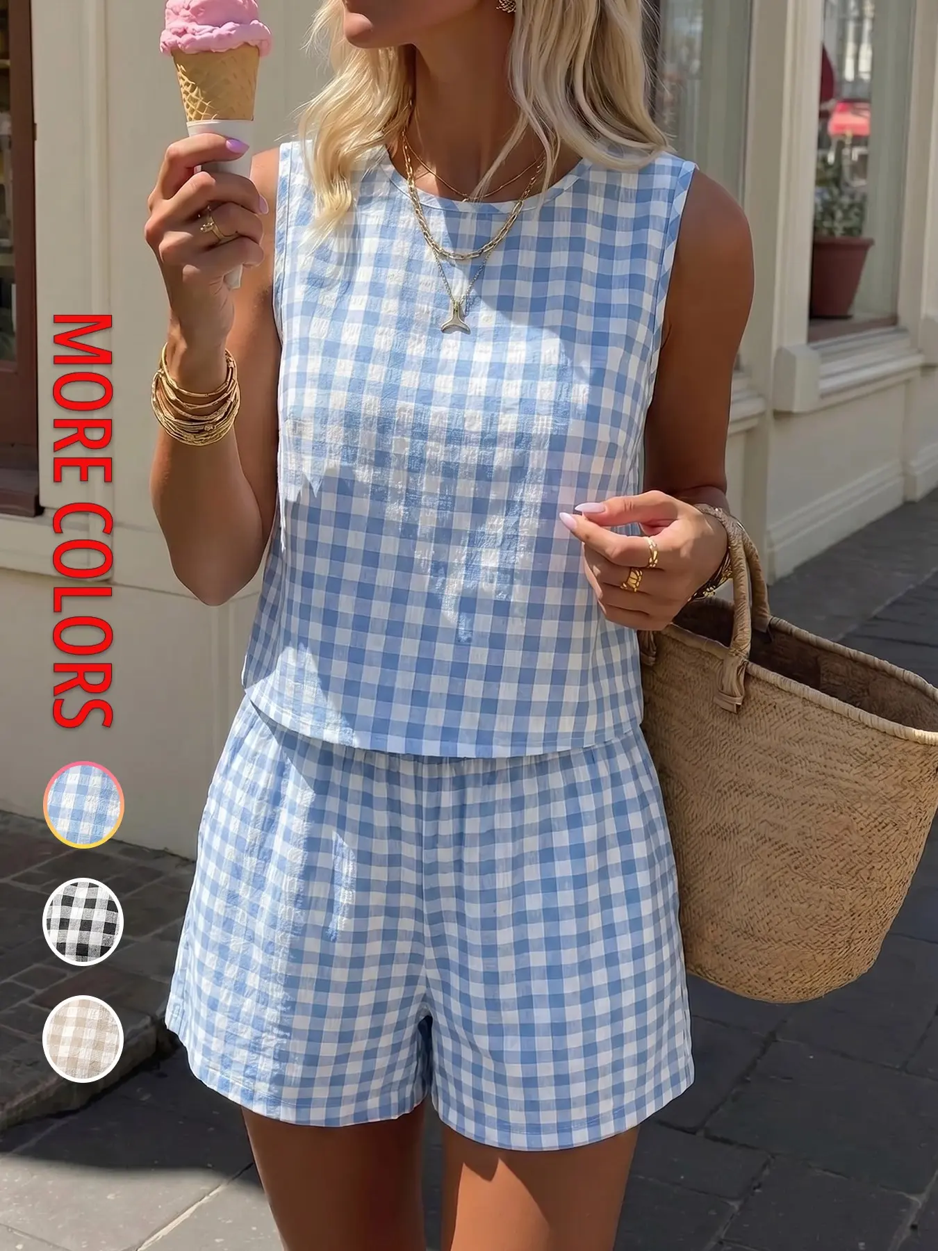 Women's Summer Casual Vacation Round Neck Sleeveless Vest & Shorts Set Suits for Weekend Trips, Graduation and Daily Leisure