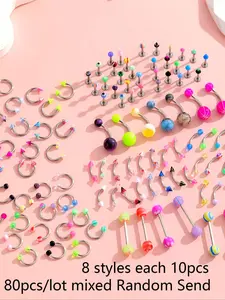 Stainless Steel Body Jewelry Set, 8 Styles X 10 Pieces = 80 Pcs, Tongue Rings Eyebrow Piercings Nose Lips Accessories, Septum Pierced Ring