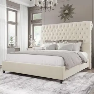 Amerlife Sturdy Bed Frame, Velvet Upholstered Platform Bed Frames with Button-Tufted 52.8" Tall Sleigh Headboard, No Box Spring Needed, Easy Assembly, Ideal Christmas Gift