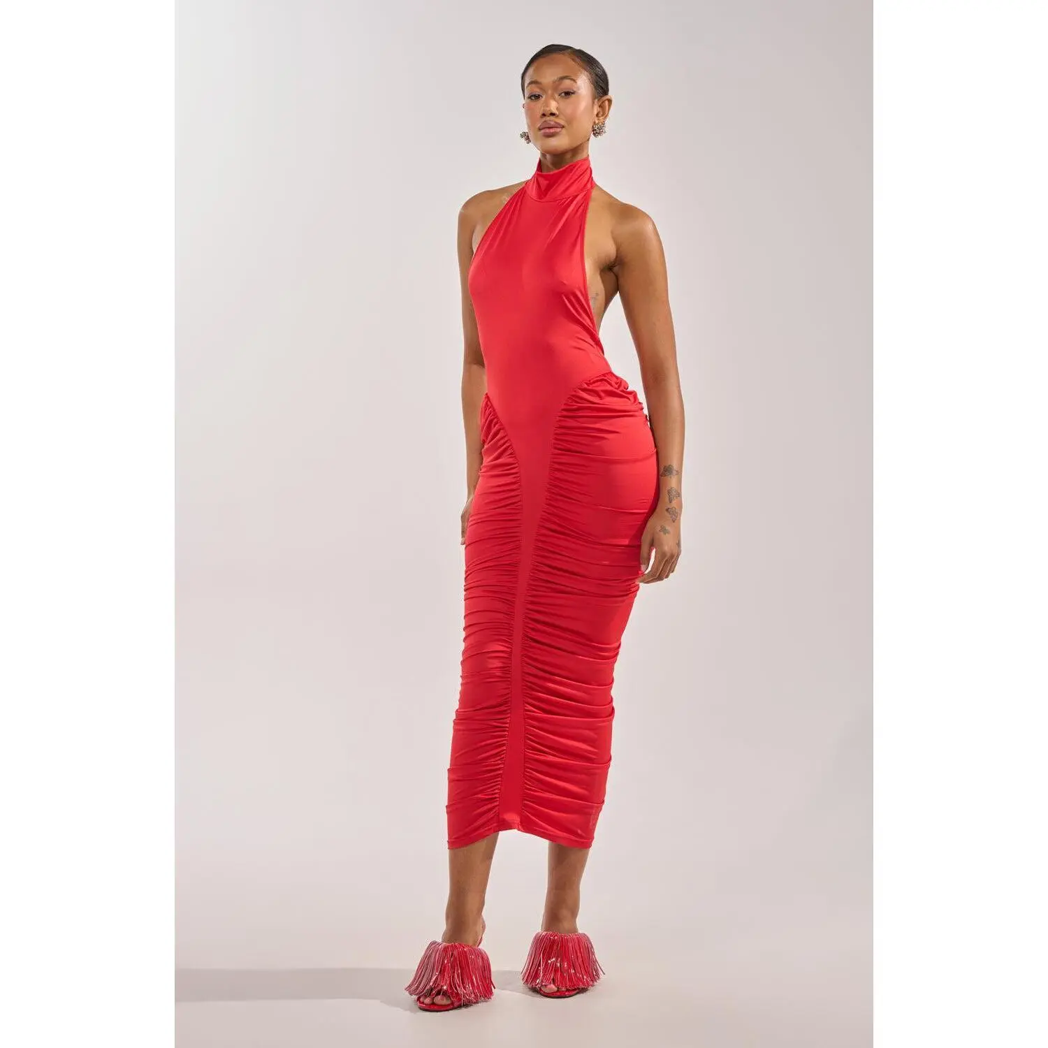 HIPS DON'T LIE RUCHED MAXI DRESS IN RED