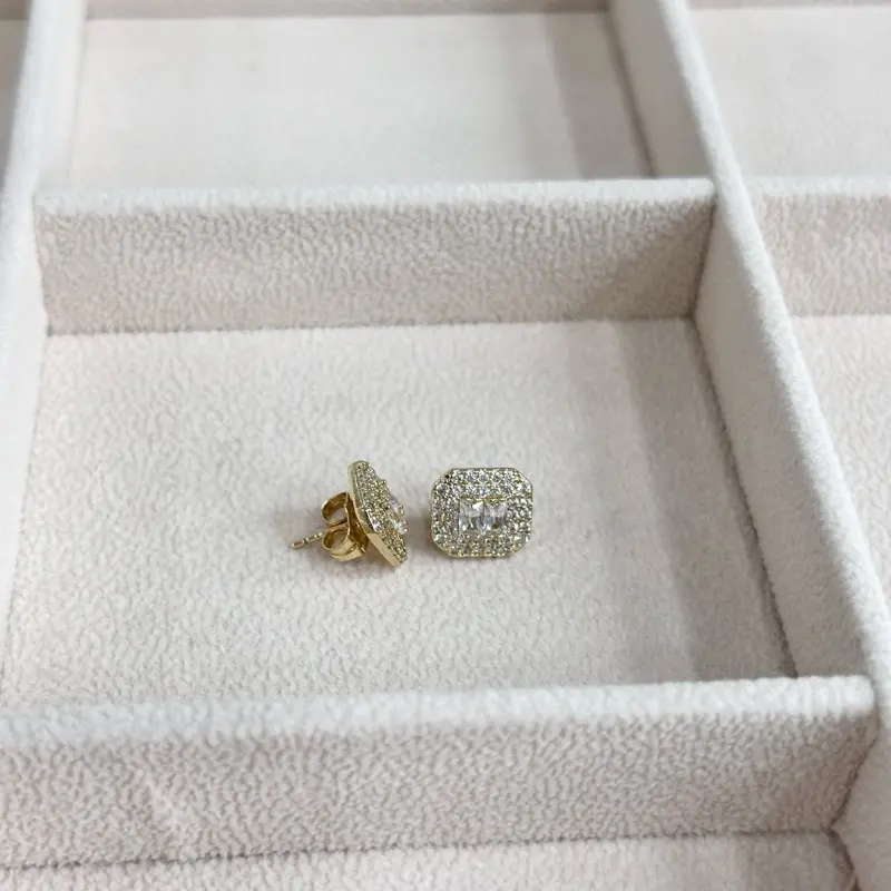 Stud Square with Circon Earrings Gold Plated 14k - Elegant Gold Plated Jewelry Piece TIKT5