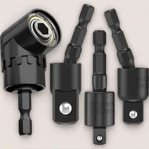 Multi-Size Steel Flexible Drill Bit Extension & Impact Socket Adapter Set (4 Pcs) - 360° Rotatable, 105-Degree Right Angle Drill Attachment, 1/2" 1/4" 3/8" Sockets, Magnetic Hold