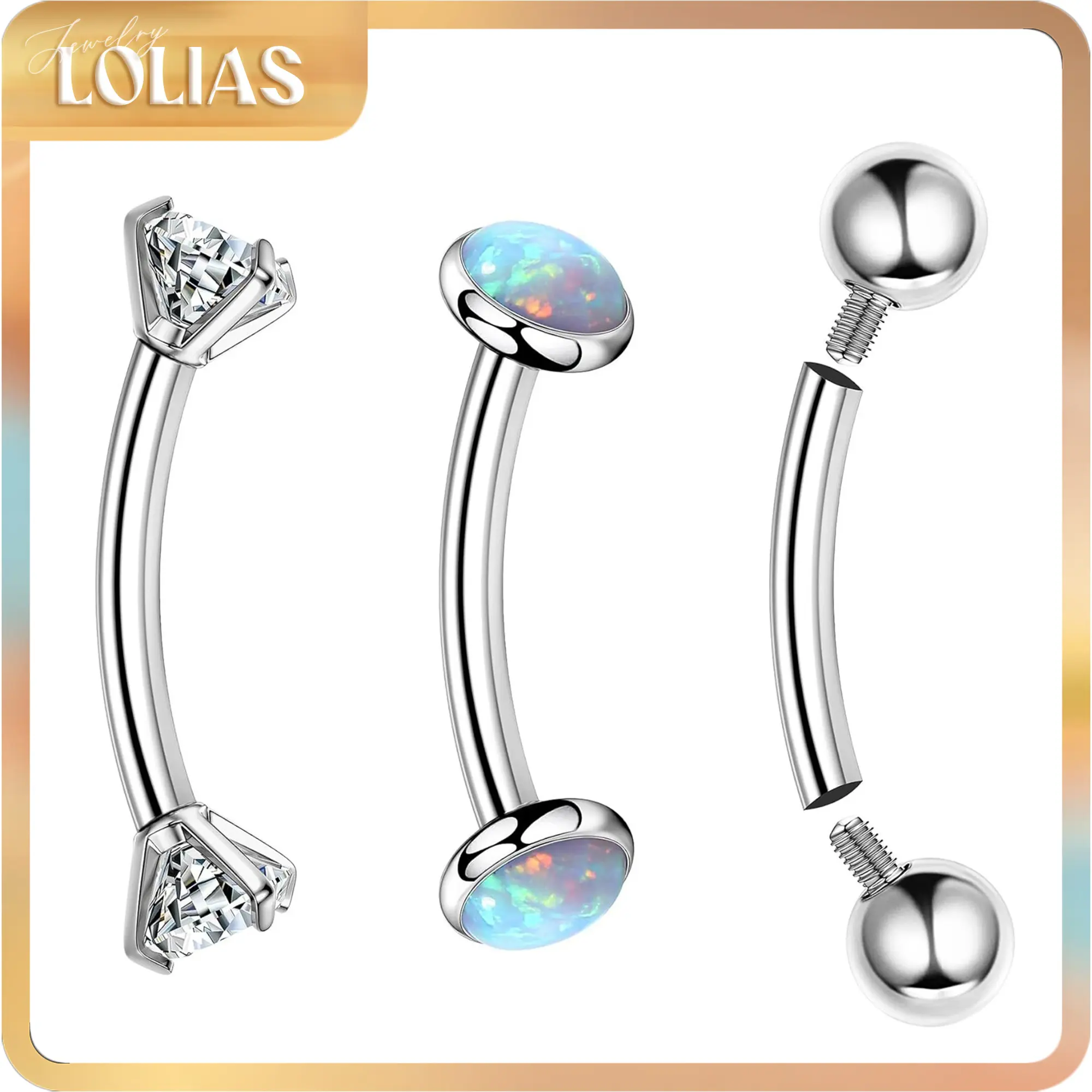 LOLIAS G23 Titanium Body Jewelry Set, 3-Piece Curved Barbells with CZ & Opal, 16G Internally Threaded for Belly Button Piercing, Vertical Labret, Rook, Casual, Belly Piercing, Cubic Zirconia, Female