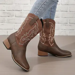 Women's Chunky Heel Cowboy Boots, Retro Square Toe Slip On Boots, Comfortable Western Boots Dark Brown