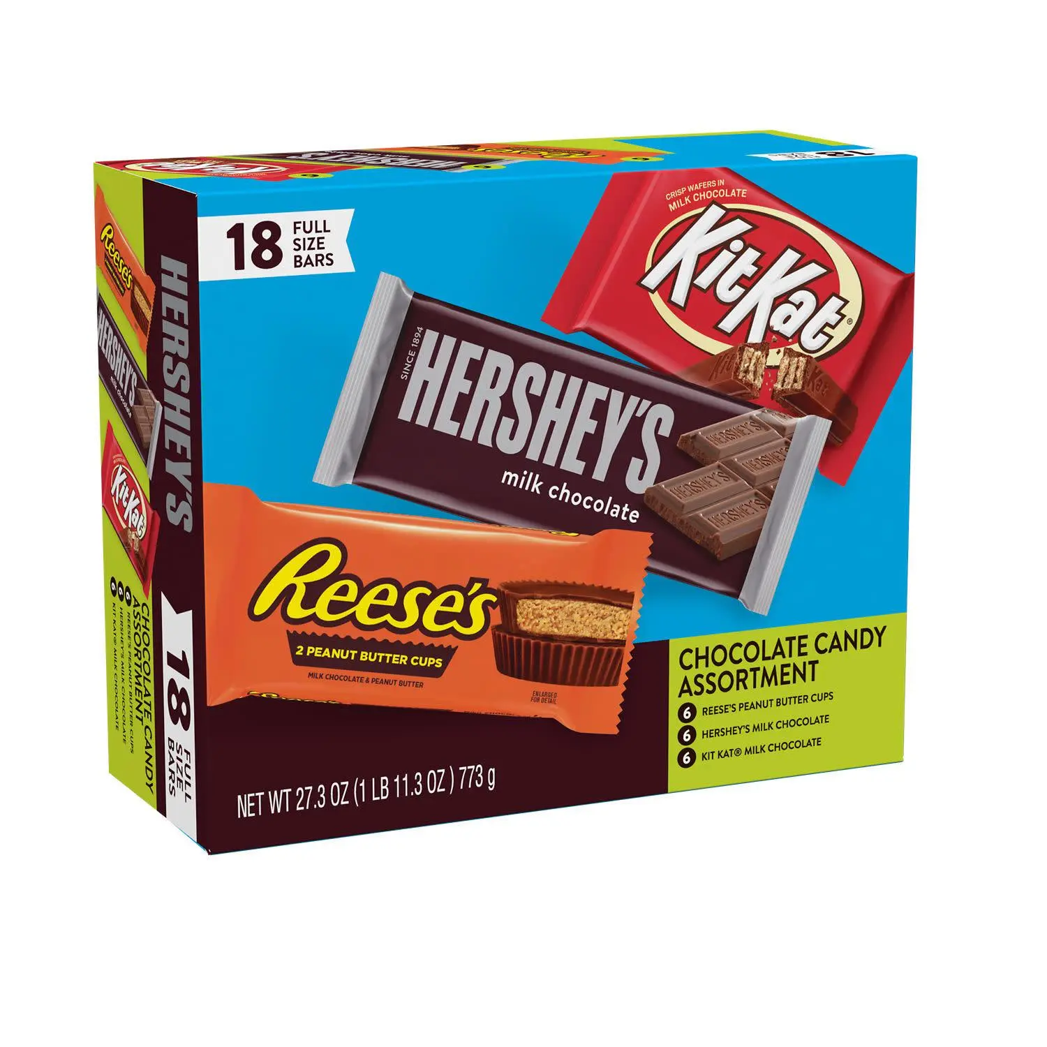 Hershey's, Kit Kat and Reese's Assorted Milk Chocolate Candy, Variety Box 27.3 oz, 18 Count Snack Bonbon
