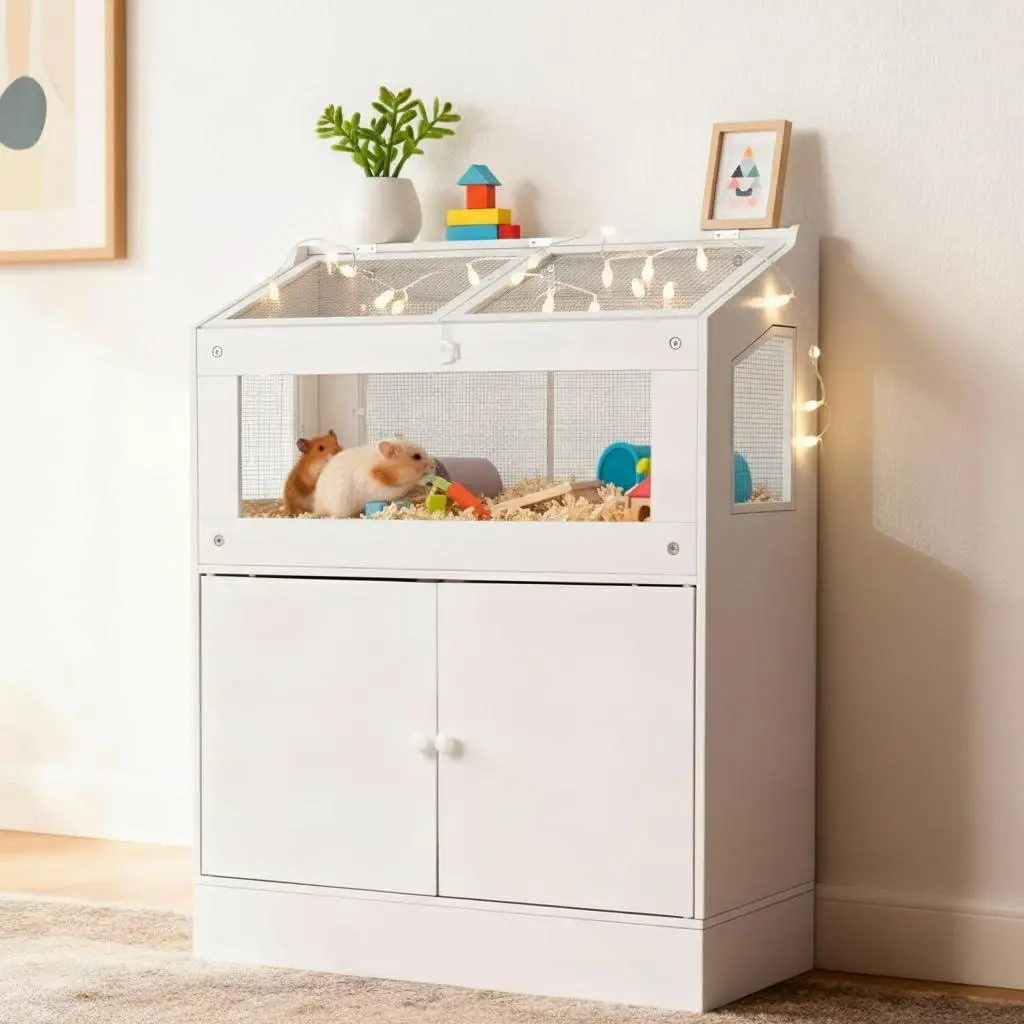 Hamster Cage with Storage Cabinet, Clear Acrylic Small Animal Enclosure, Ventilated Habitat for Gerbils, Rats, Guinea Pigs, Transparent Pet Cage with Cabinet Base