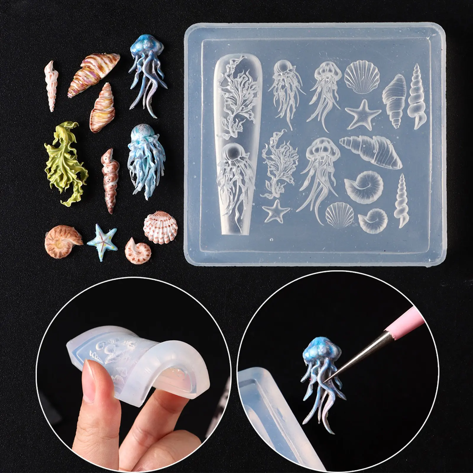 1pc Ocean Silicone Nail Molds, 3D Sea Shell Starfish Dolphin Nail Art Mold, Beach Theme Designs Carving Template for 3D Gel Nail Charms, Manicure Decoration Tools for Women DIY Summer Nails, Handmade Nail Art