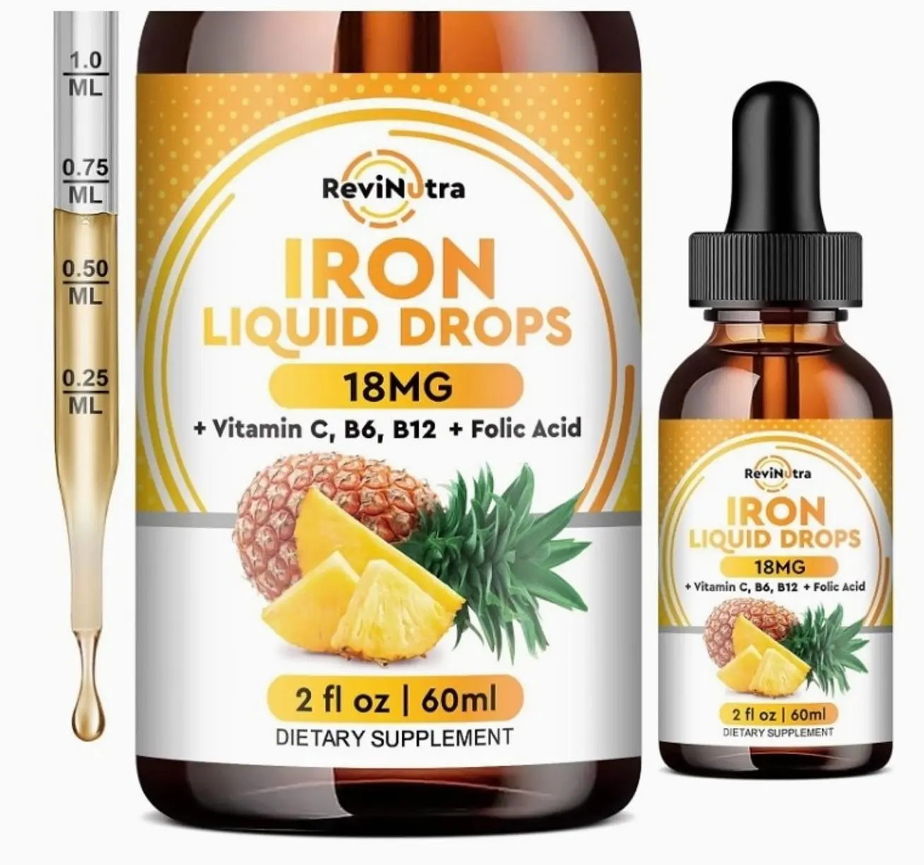 Liquid Iron Supplement for Women, Men & Kids, Liquid Iron Drops with Folate, Vitamin C, B6, B12 for Anemia, Red Blood Cell, Energy Support, Pineapple Flavor, 2 Fl Oz