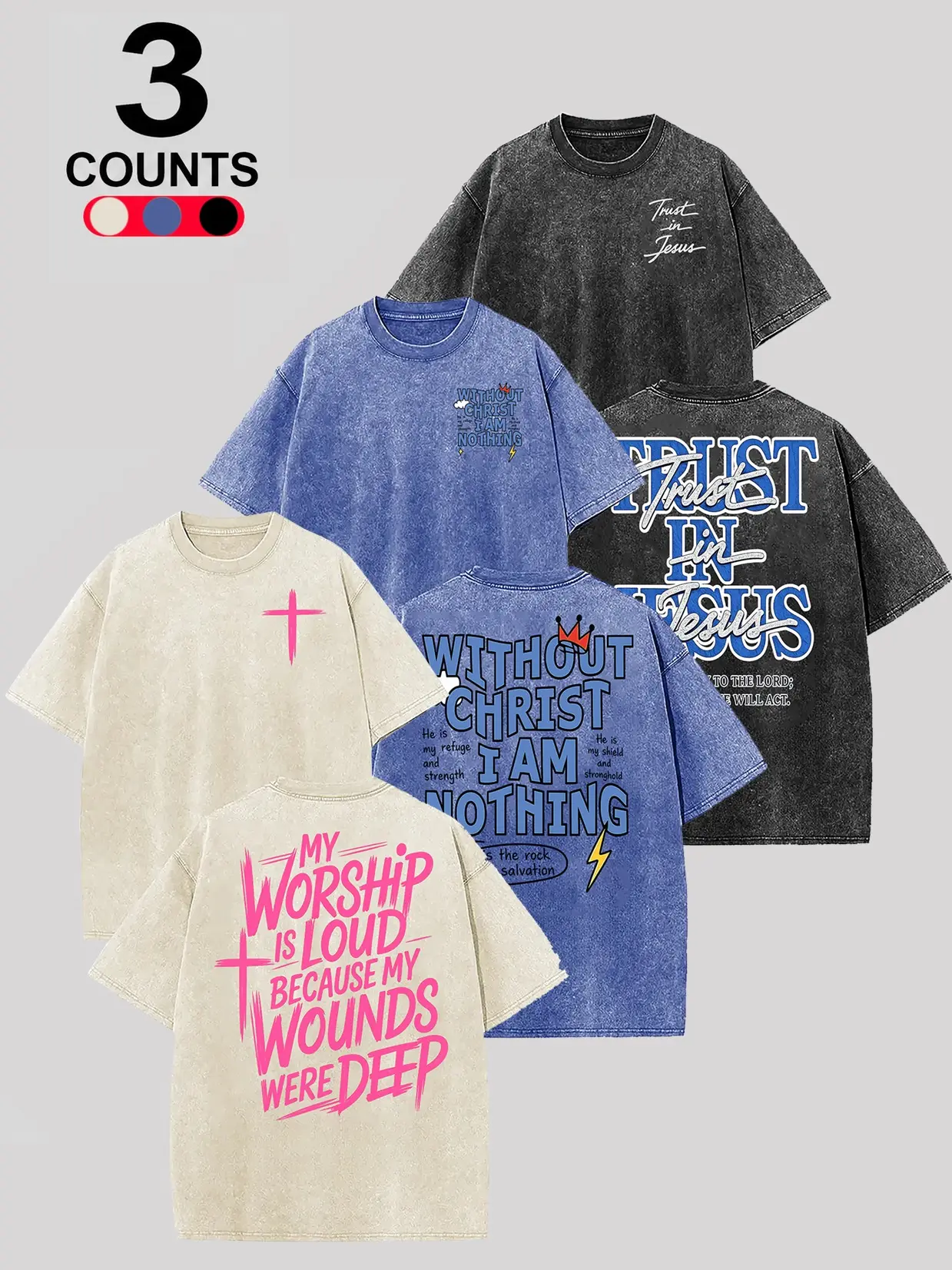 3-Pack Unisex Christian Graphic T-Shirts, Oversized Acid-Washed Cotton Streetwear, Shortsleeve Round Neck with Varsity Design, Cargo, Cloud, Tshirt, Tee, Menswear