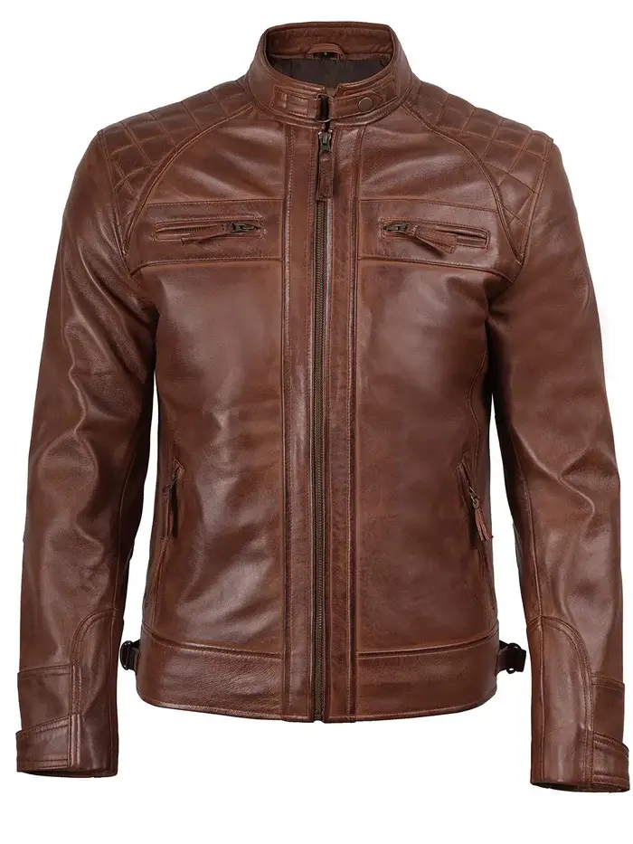 Men’s Brown Genuine Leather Biker Jacket – Slim Fit Vintage Motorcycle Style