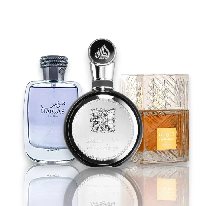 Oudlash Bundle | Lattafa Fakhar Black + Lattafa Khamrah + Rasasi Hawas Him | Men's Fragrance | 100 ML - 3.4 OZ | Eau De Parfum | Cinnamon - Nutmeg & Bergamot