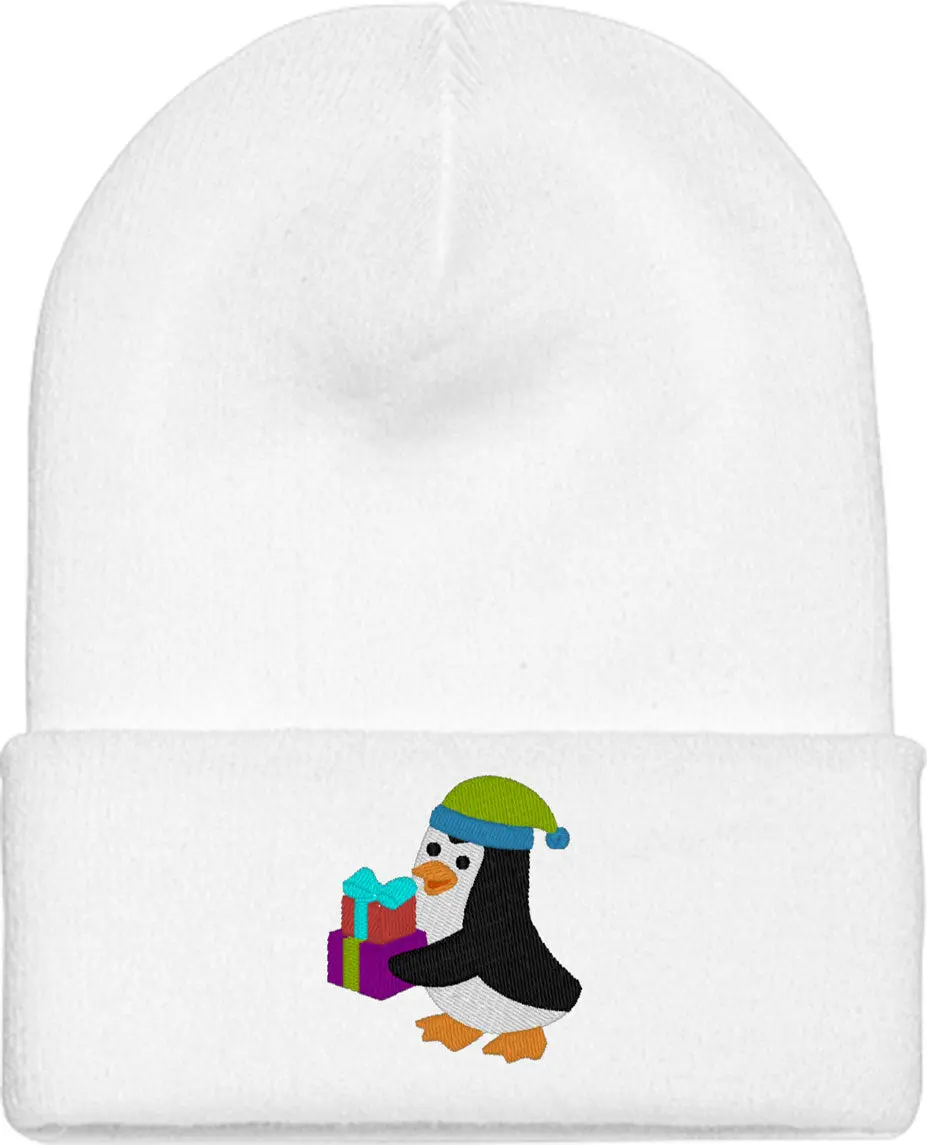 Cute Penguin With Gift Present Box Knit Beanie