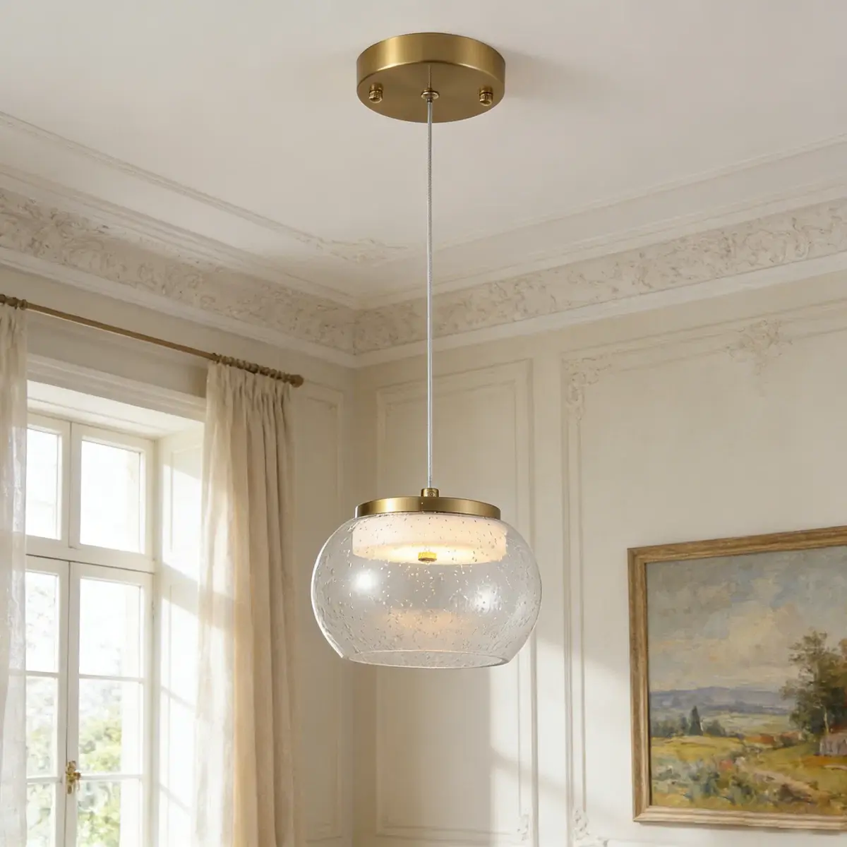 Garwarm 7in Modern Gold Iron Metal Glass Flicker-Free Pendant Light, 1-Light Height-Adjustable Hanging Fixture with Seeded Glass Shade, Electroplated Brass Finish for Kitchen Island, Dining Room, Led Glow