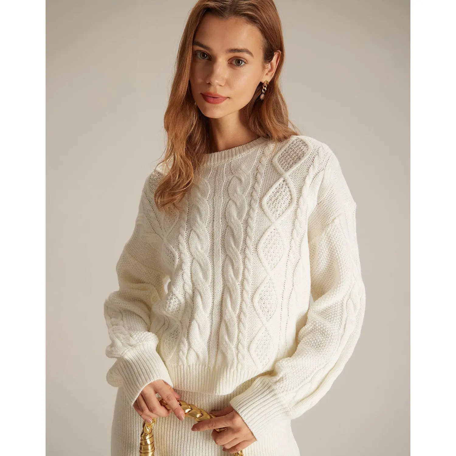 Rihoas Women's Beige Round Neck Ribbed Cable Knit Sweater Long Sleeve Knitwear Top, Light Knit Fabric, Basic Fit Casual Womenswear
