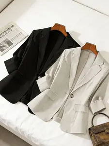 Women's two-piece plain color single-breasted double-pocket half-sleeve five-point suit button lapel blazer jacket, suitable for spring and summer suitable for commuting outfit.