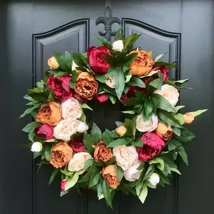 18-Inch Autumn Flower Wreath, Cream Peony Design, Rustic Front Door Decor, Perfect for Thanksgiving Home Decoration
