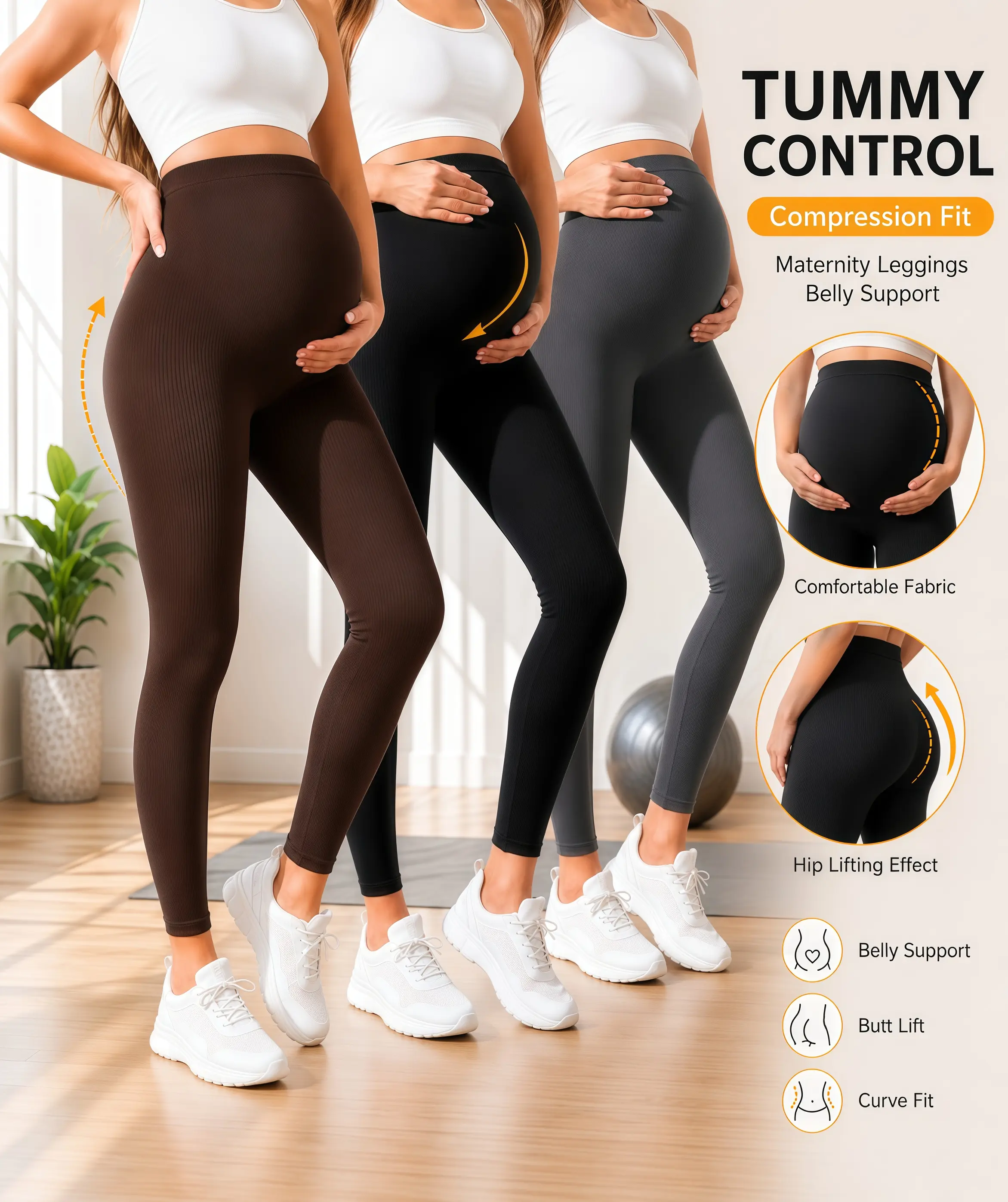 High-Waist Maternity Leggings for Women, Soft Ribbed Stretch Knit, Opaque Breathable Pants with Over-Belly Support, Maternity Apparel, Breathable Leggings, Pregnancy, Alleviates Abdominal Pressure