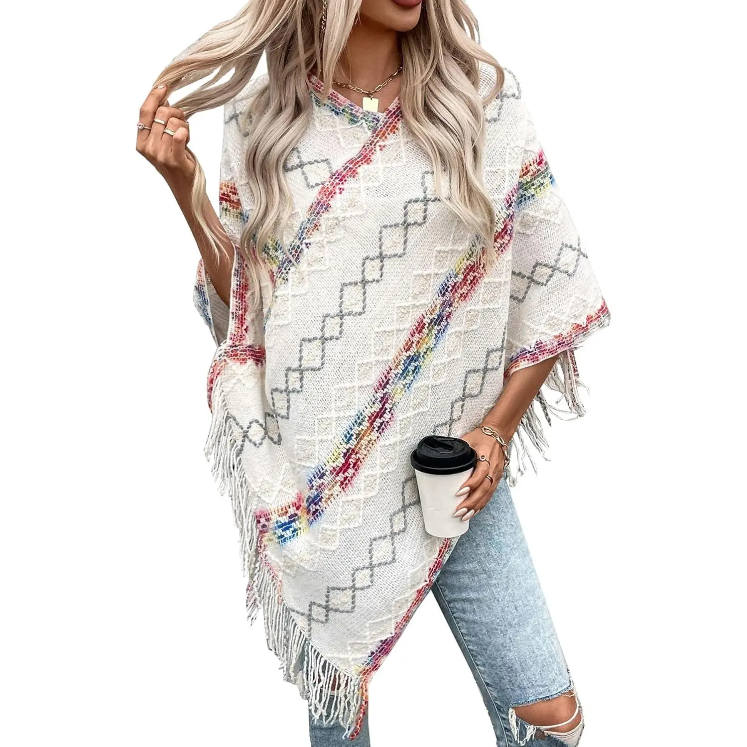 Women's Poncho Sweater, Machine Washable Knitwear Pullover with Zig-Zag Pattern, Drop Shoulder Long Sleeves and Tassel Fringe, Fitted, Plaid, Evening, Longsleeves, Lady, Pull On