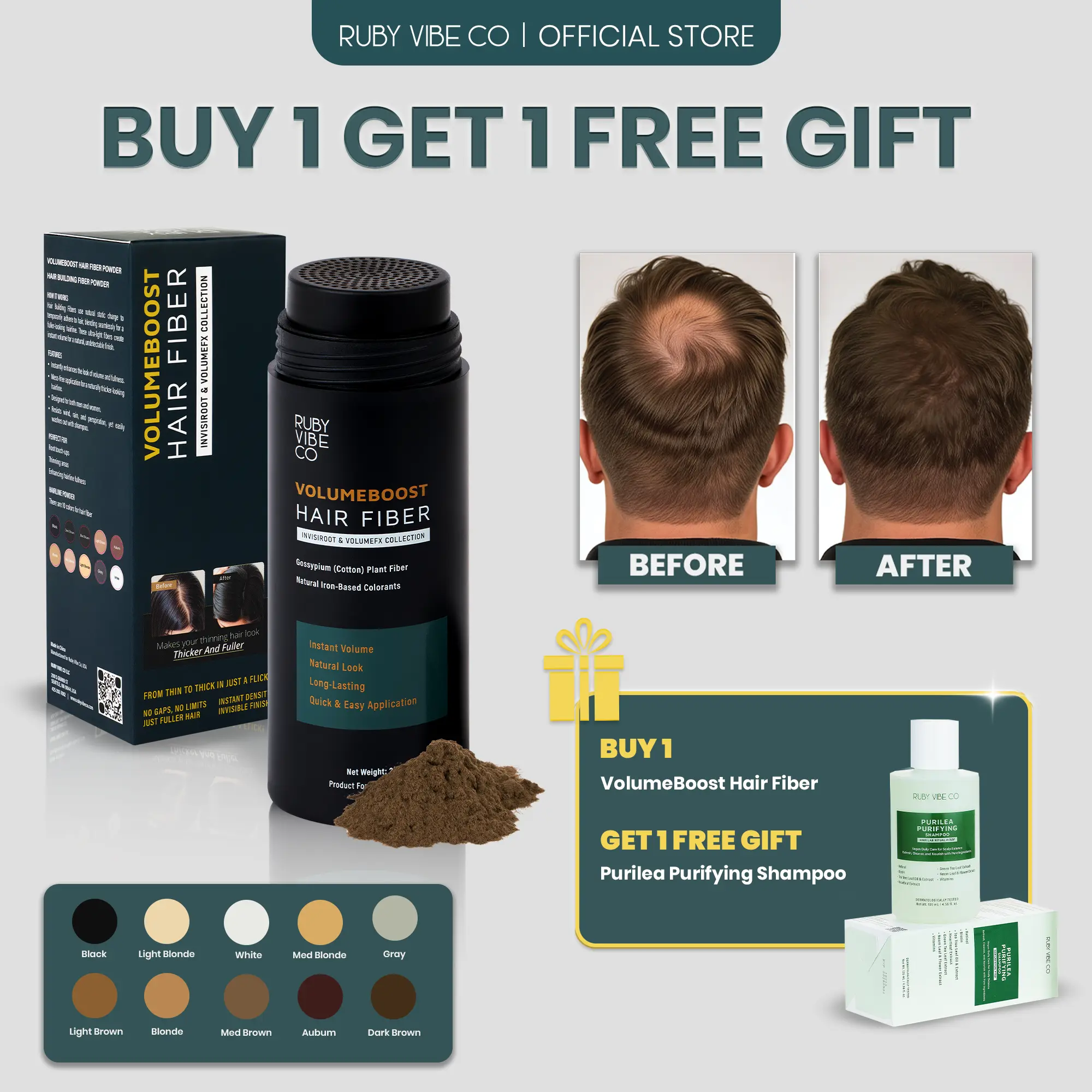 RUBY VIBE CO VolumeBoost Hair Fibers for Thinning Hair, Natural Hair Fiber Powder for Fuller-Looking Hairline, Hair Products for Men & Women, Washable Hair Fibers