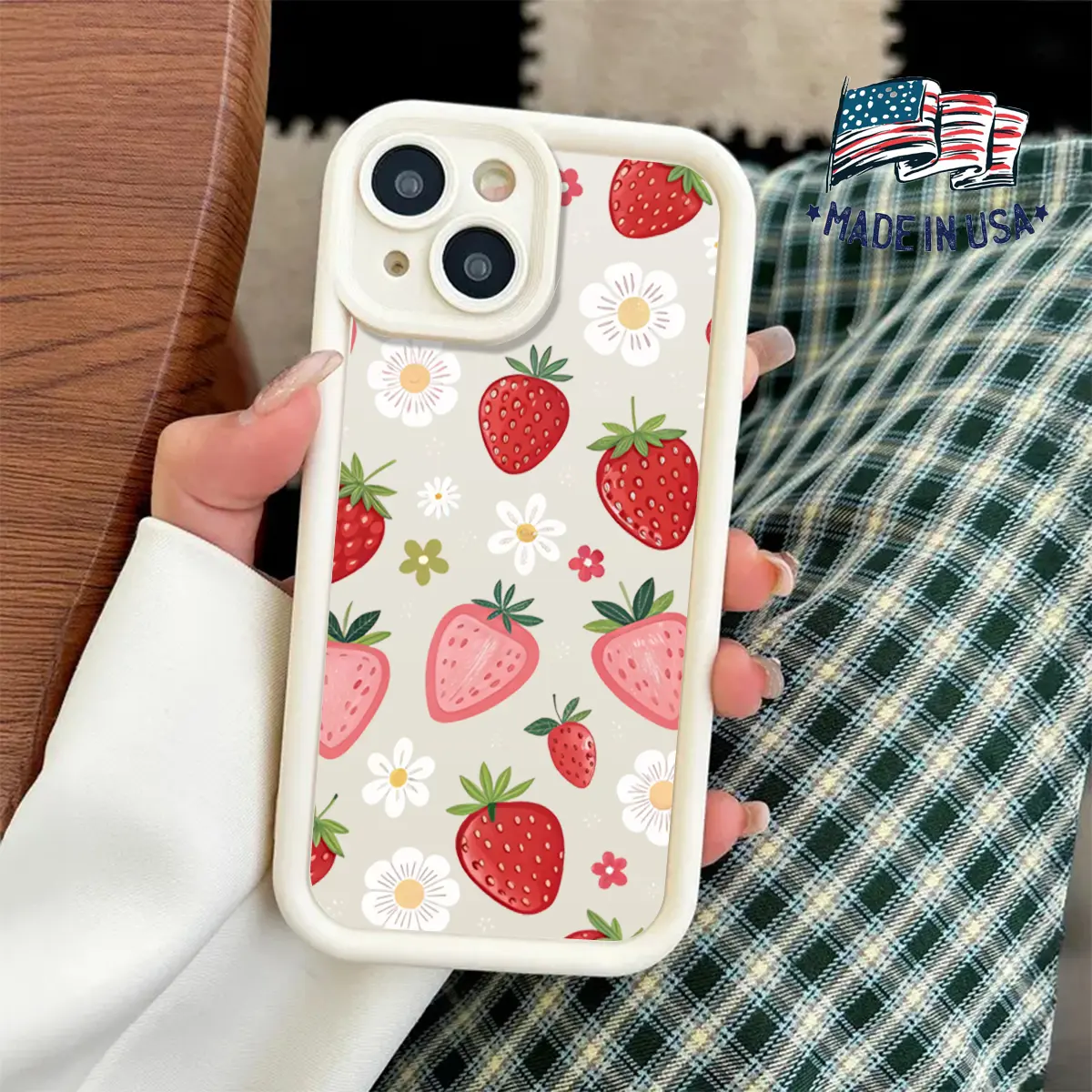 Cute Strawberry Daisy Floral Cottagecore Phone Case for iPhone 17 16 15 14 13 12 11 XR XS Pro Max Plus Air Slim Shockproof Anti Drop Full Camera Protection Soft TPU Protective Cover Fashion Gift for Girls