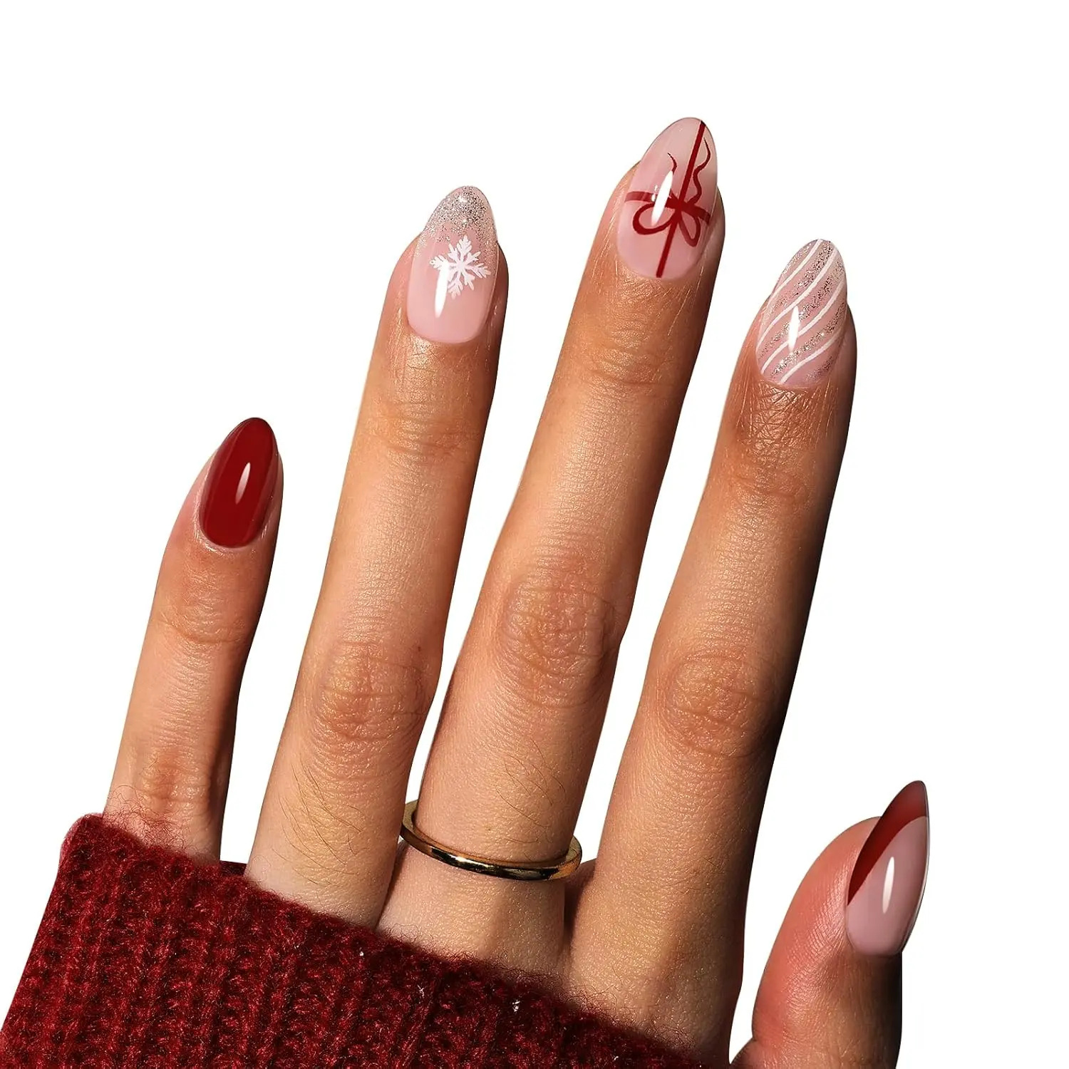 Beetles Christmas Press On Nails - Christmas Snow | Short Almond Press On Nails | 32Pcs 16 Sizes Natural Salon Quality Nail Tips With Quick-drying Nail Glue For Women