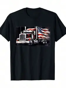 Men's American Flag Trucker Graphic T-Shirt, Comfortable 100% Cotton Short Sleeve Round Neck Top for Everyday Wear, Tshirt