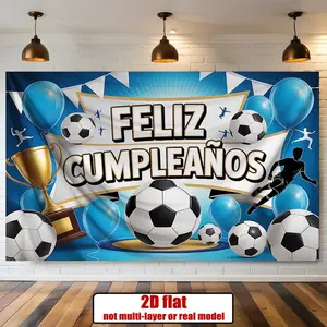 1pc 2D Flat Football Banner - Polyester Wall Backdrop, Easy-to-Hang "Feliz Cumpleaños" Decor for Birthday Soccer Parties, with Soccer Cutouts, Trophy & Balloon Background