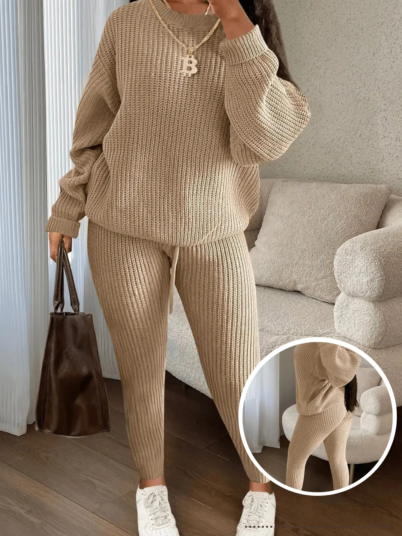 USBoutique Chic Women's Solid Drop Shoulder Sweater & Drawstring Waist Pants Two-piece Set, Fall Outfits, Casual Fashion Cozy Knitwear Set for Daily Outdoor Wear, Women's Matching Knitwear for Fall & Winter, Womenswear & Underwear, Suits