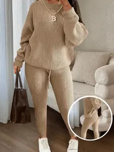 USBoutique Chic Women's Solid Drop Shoulder Sweater & Drawstring Waist Pants Two-piece Set, Fall Outfits, Casual Fashion Cozy Knitwear Set for Daily Outdoor Wear, Women's Matching Knitwear for Fall & Winter, Womenswear & Underwear, Suits