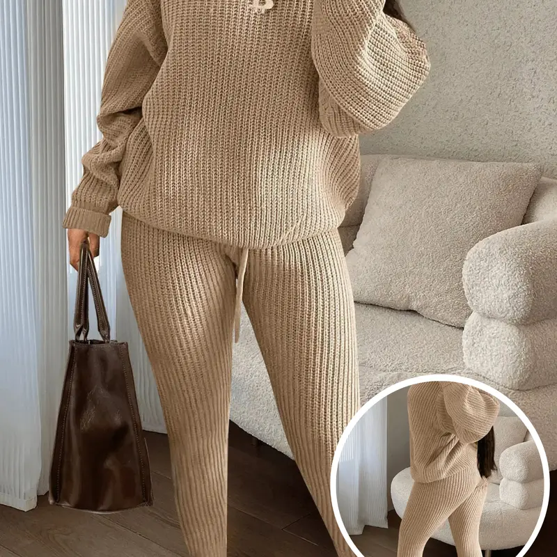 USBoutique Chic Women's Solid Drop Shoulder Sweater & Drawstring Waist Pants Two-piece Set, Fall Outfits, Casual Fashion Cozy Knitwear Set for Daily Outdoor Wear, Women's Matching Knitwear for Fall & Winter, Womenswear & Underwear, Suits