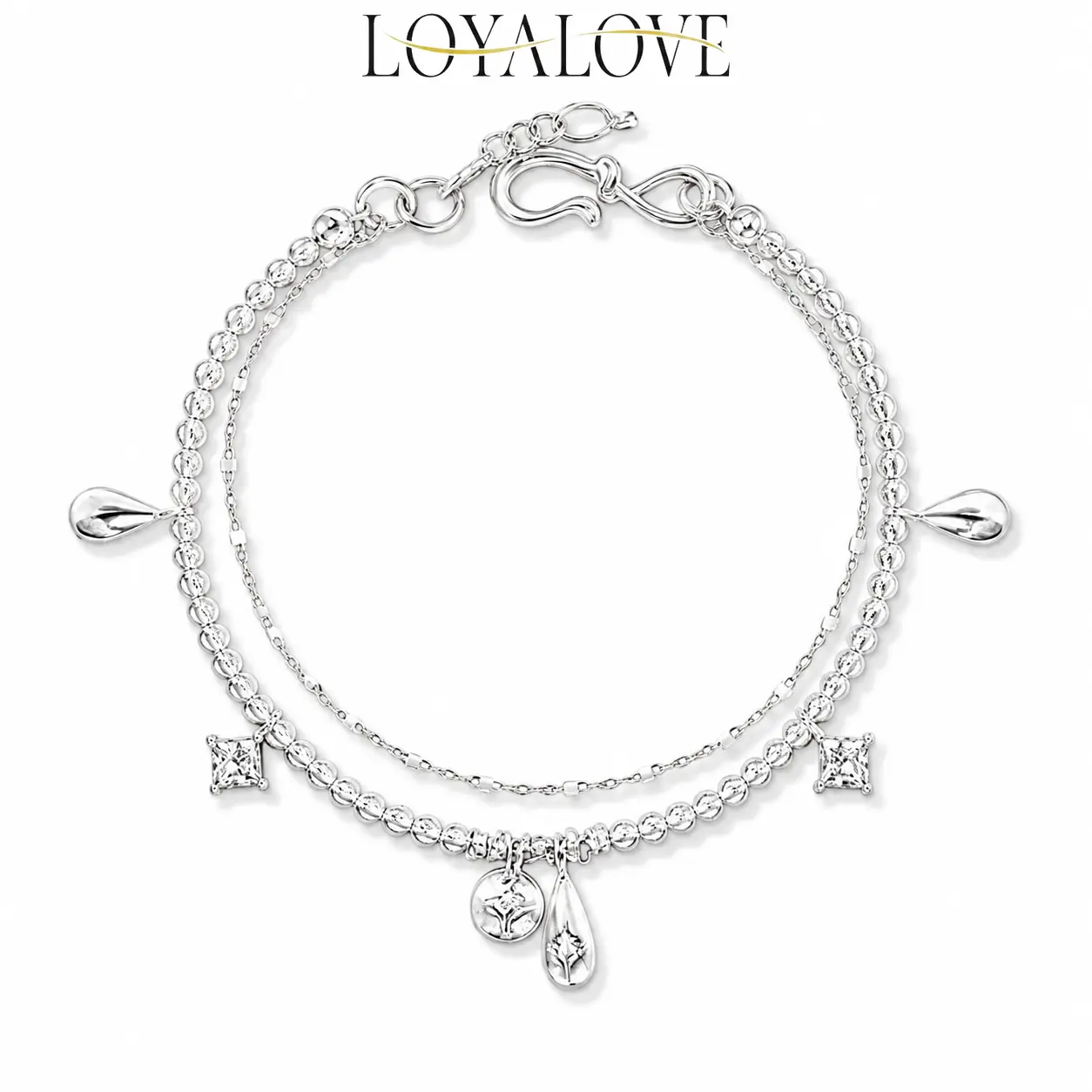 Loyalove Silver Double Layer Charm Bracelet for Women, Dainty Satellite & Beaded Chain with Square CZ and Teardrop Charms, Adjustable Stackable Y2K Jewelry Gift