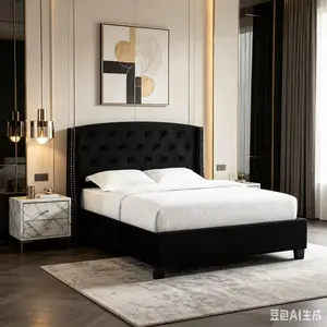 Bellemave  1pc Contemporary Style Upholstered Fabric Button Tufting Nailhead Trim Demi-wings Eva Bed Black Finish Wooden Bedroom Furniture