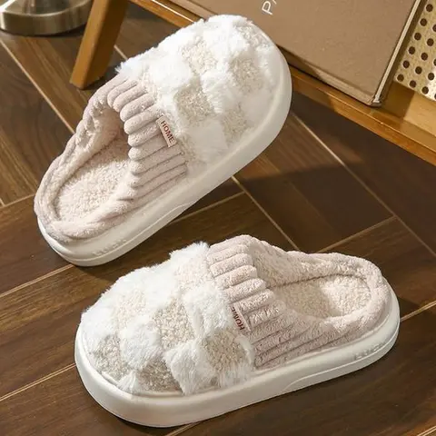 Women's & Men's Fuzzy Cotton Slide Slippers Warm Slip On House Shoes, Comfortable Fit, Non Slip Rubber Sole