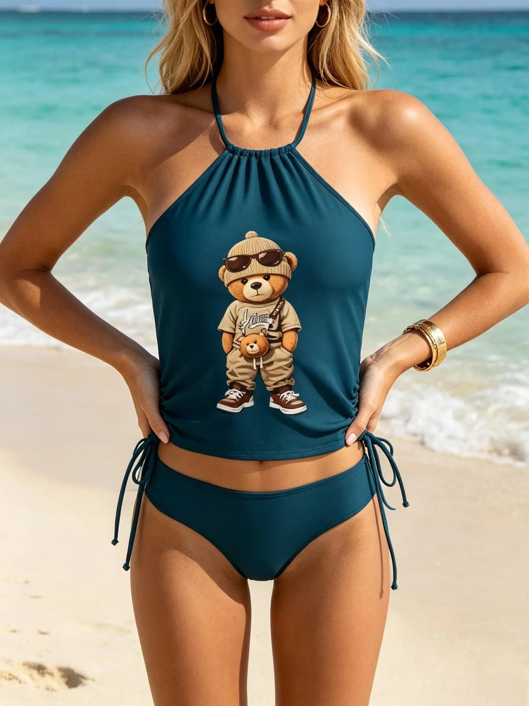 Viral TikTok Streetwear Aesthetic Women’s 2 Piece Tankini Bikini Set Dark Navy Halter Self Tie Neck Side Adjustable Ruched Top Fashion Cool Teddy Bear With Sunglasses Outfit Graphic Print High Cut Che