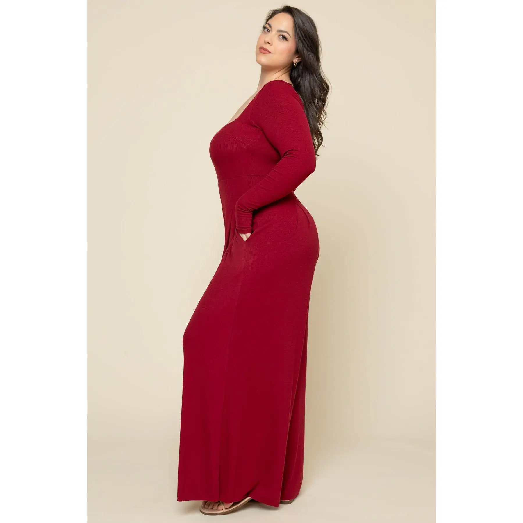 Go With The Flow Long Sleeve Jumpsuit (v1) - Deep Cherry