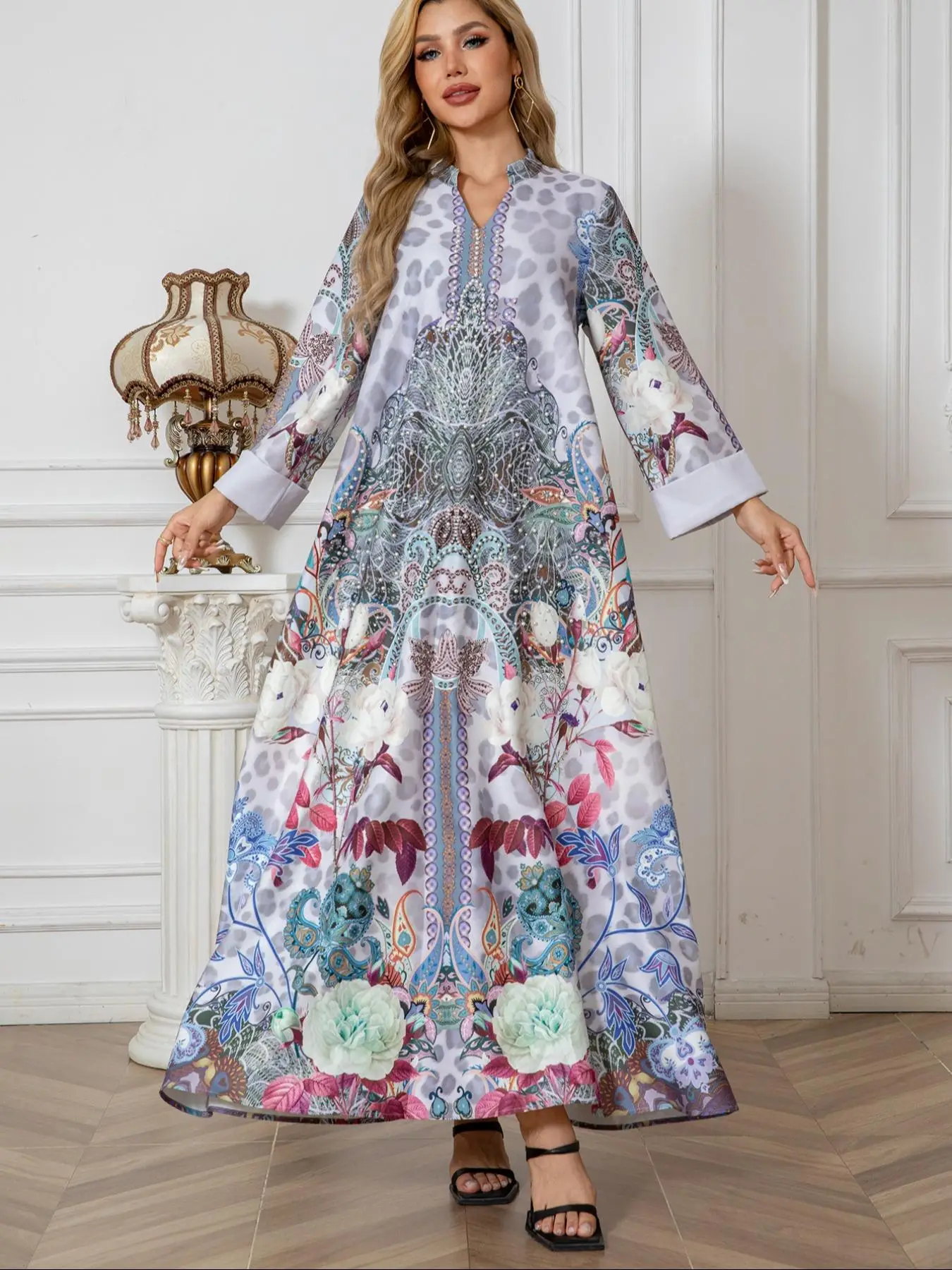 Women's All Over Print Faux Pearl Decor Dress, Elegant Long Sleeve Arabic Clothing, Ladies Islamic Clothing for All Seasons, Tunic Dress