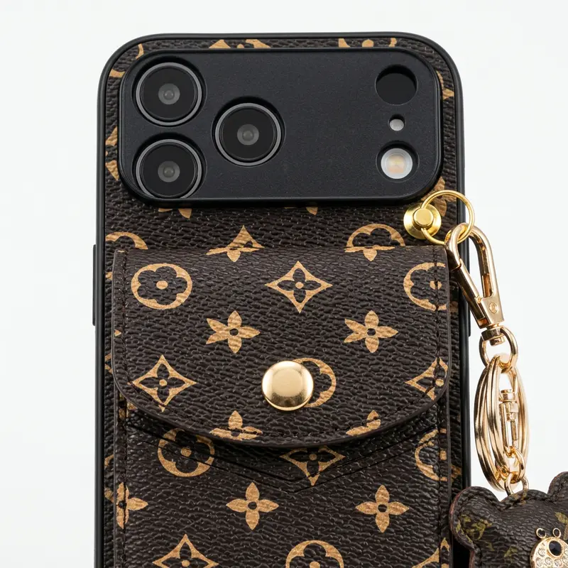 iPhone 17 Pro Max PU Leather Wallet Cover, Chic Premium Case with Card Holder, Matching Bear Charm & Lanyard Strap, Shockproof Protector for Office & Daily Use