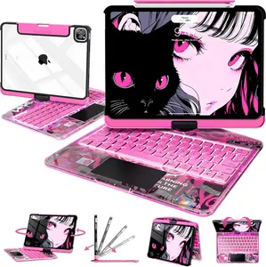 NAIDUN Latest 360 Swivel Keyboard with Y2K Style Transparent Case for iPad Tablet Accessories Pink Silicone Backlit Keys Wireless