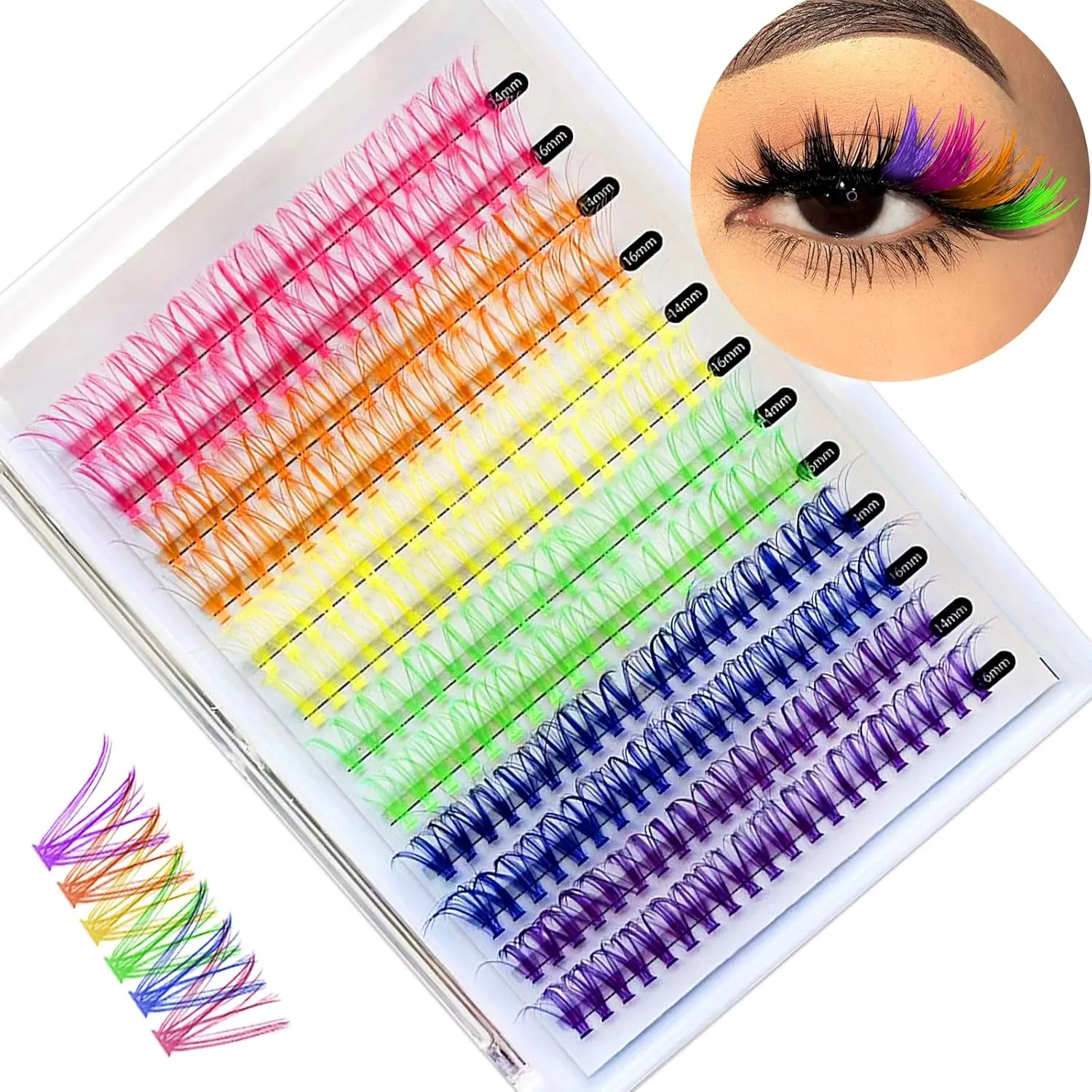 Fairy Color Eyelash Clusters, False Eyelash Extension Kit, DIY 6 Colors Single Anime Eyelashes, Beginner Colored False Eyelash Kit, 14/16mm D Curl Extensions Red, Purple, Green (240pcs) (No Glue)
