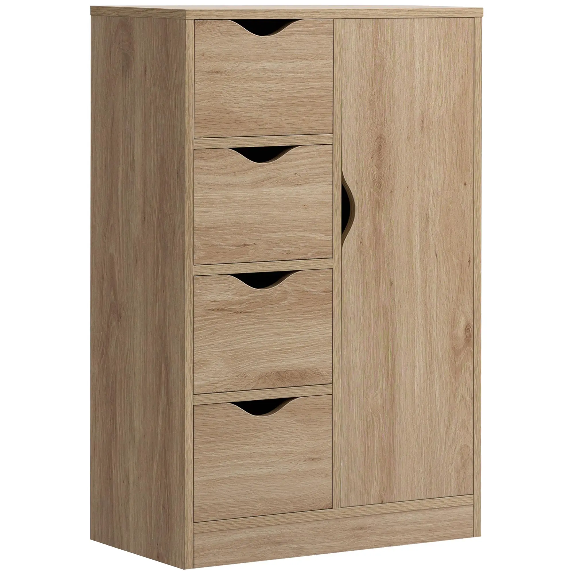 HOMCOM Freestanding Oak Storage Cabinet - Non-Locking, Compact, Floor-Mounted Freestanding Floor Cabinets with 4 Drawers and a Single Door for Bathroom, Non-Locking Floor Cabinets