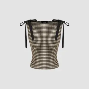 Cider Jacquard Boat Neck Gingham Bowknot Tank Top SummerWins Dealsforyou