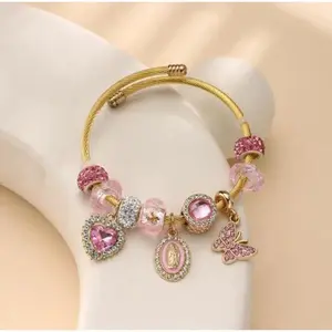 Women's Pink Virgin Mary Bracelet, Adjustable Open Cuff with Butterfly Charm, Trendy Religious Jewelry for Birthday & Christmas Gifts
