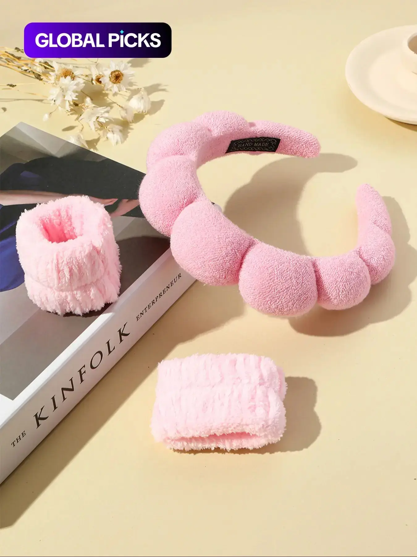 Women's Simple Solid Color Sponge Headband & Face-Washing Wristbands (3pcs), Plush Hair Accessories Set, Suitable for Daily Use, Soft Puffy Headband, Make Up Headband, Headband Accessory