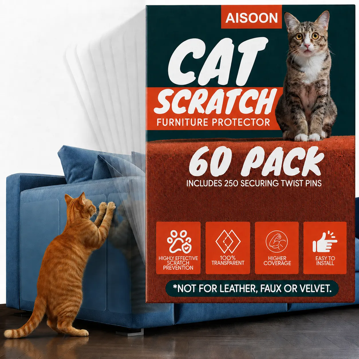 AISOON 60 Pcs Cat Scratch Furniture Protector Single Side Couch Protector for Cats, Self-Adhesive Cat Tape for Furniture,Cat Scratch Deterrent for Furniture