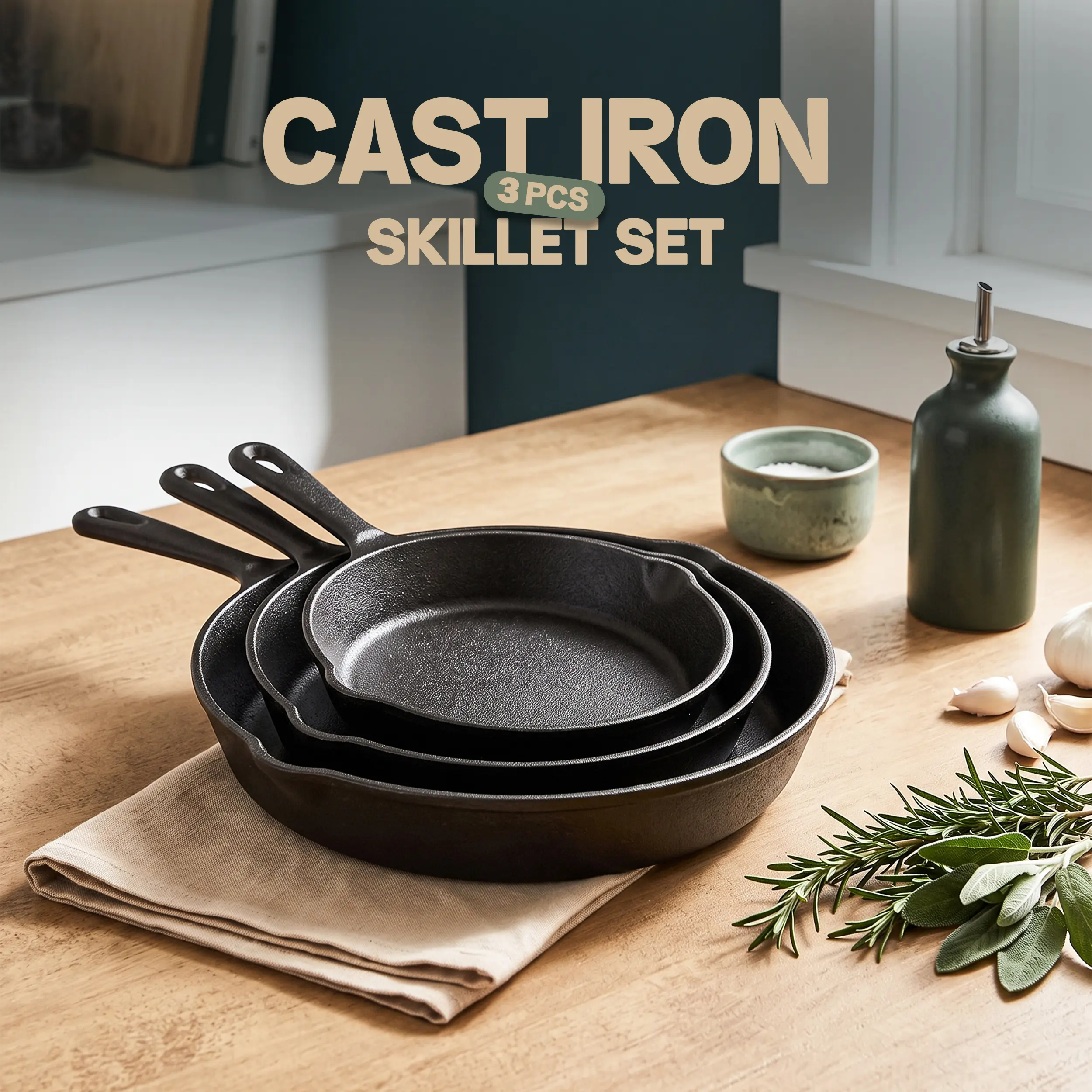 Kichly Classic 3-Piece Cast Iron Skillets Set - 6/8/10 in Perfect Skillets, Oven-Safe Kitchen Supplies, Ideal for Oil-Based Frying, Eggs, Great Gift Idea High Quality Cookware Pan