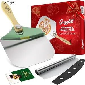 Aluminum Pizza Peel 14 x 12 inch & Rocker Cutter Set - Non Stick Spatula - Handcrafted Pine Wood Foldable Handle - pasta pizza maker Kitchen Utensils